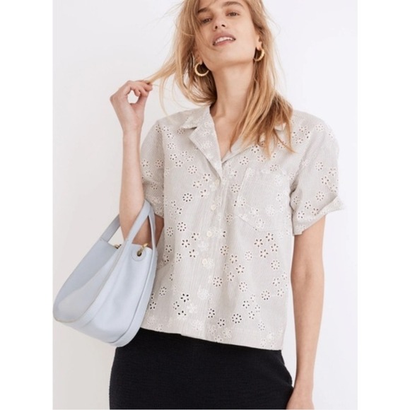 Madewell Tops - Madewell Bohemian Floral Eyelet Coastal Top Stripe Cottagecore Size M Button Up